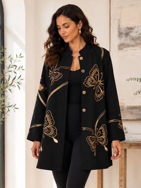 Vintage Wearable Art Jacket Black Gold Embroidered Statement Coat L